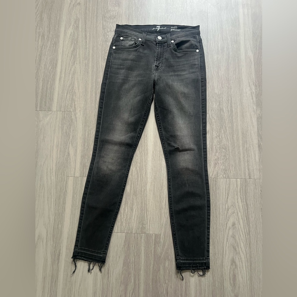 7 For All Mankind Gwenevere Ankle Skinny Jeans Womens 27 Black Stretch Raw Hem